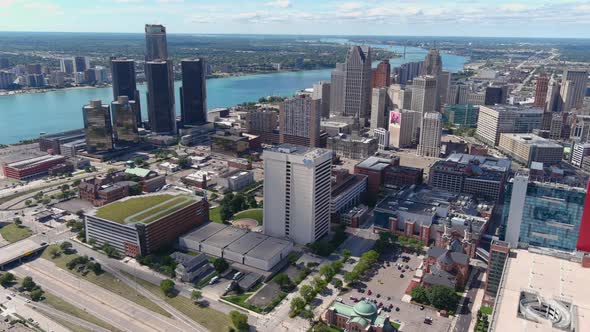 High angle aerial shot of downtown Detroit. This video was filmed in 4k for best image quality. alt