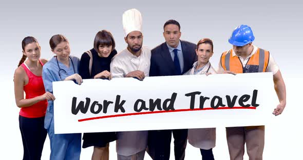 Various professional holding placard of work and travel text alt