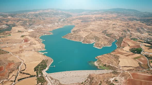 Aerial Desert Landscape Dam Blue Water Reservoir