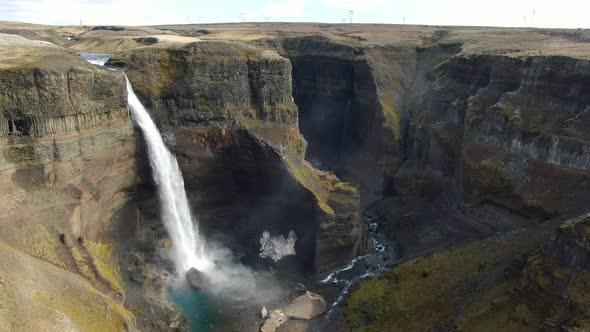 Aerial view of Haifoss waterfall near Hekla volcano in Iceland alt