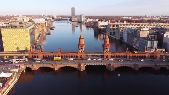 Beautiful Oberbaum Bridge Over River Spree in Berlin From Above  Aerial View alt