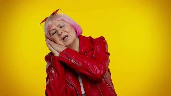 Lazy Elderly Woman Yawning Sleepy Inattentive Feeling Somnolent Bored Suffering From Lack of Sleep alt