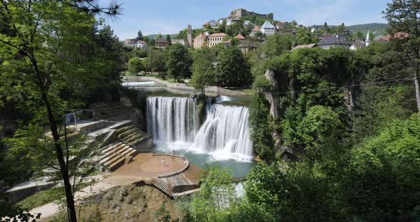 Pliva Waterfall in Jajce, Bosnia and Herzegovina. Holidays and travel. Water. Vibrant colors. alt