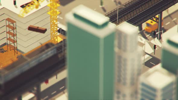 Low poly animation. View of the city with the electrical charging station. alt