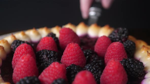 A piece of the Tasty Forest Fruit Torte twisting against a black background alt