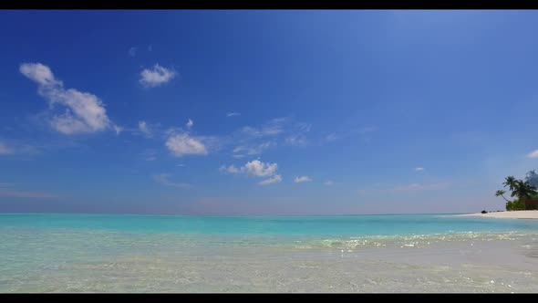 Aerial top down scenery of perfect tourist beach journey by blue water and white sandy background of alt