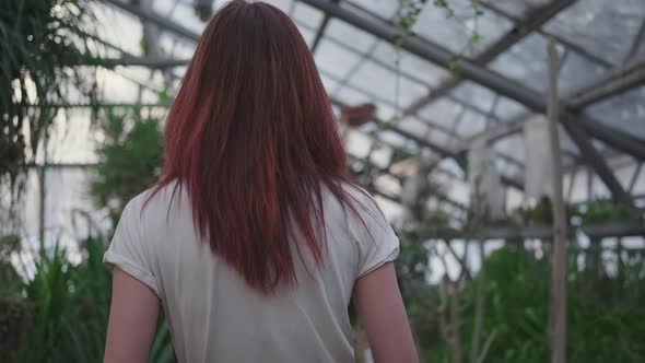 Red-haired Girl Goes with Back To the Camera Along the Greenhouse
