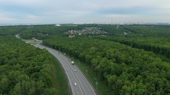 Top View of the Motorway From a Quadrocopter. Transport Movement. Side View. Samara, Russia