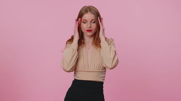 Displeased Businesswoman Girl Suffering From Headache Tension Migaine Stress Grimacing in Pain alt