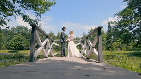Newlyweds on Their Wedding Day Are Standing on a Wooden Bridge By the Lake alt