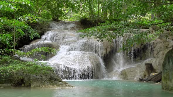 Erawan waterfall level one in National Park, Kanchanaburi, Thailand - Slow motion