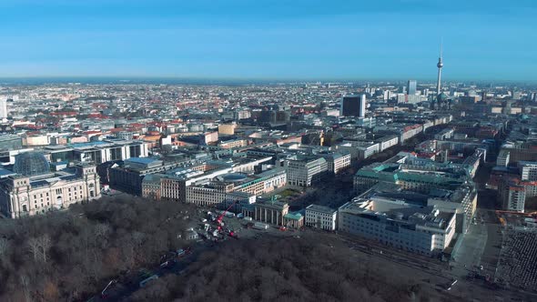 Berlin, Germany. Aerial shot of city, Brandenburger Tor, Sunny Day 4K
