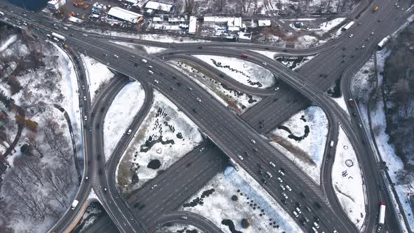 Road Interchange in Winter Aerial View