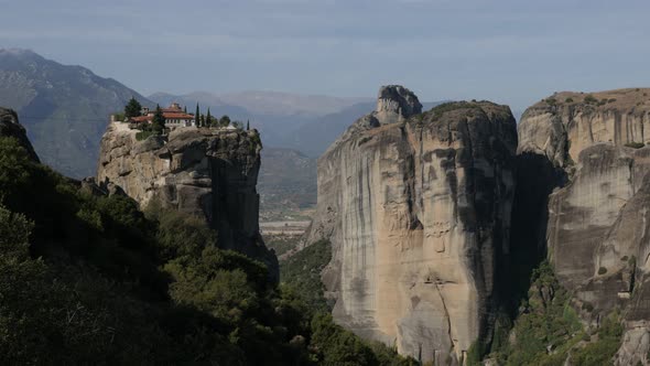 Monastery of the Holy Trinity on top of the Meteora rocks 4K tilting video