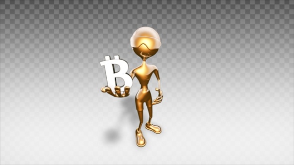 Gold 3D Man - Cartoon Show Bitcoin Symbol alt