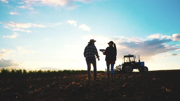 Silhouette Farmer Woman and Man Engineer with Digital Tablet Walking in Field in Rays of Sunset on alt