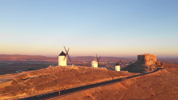 Drone view of Windmills in Spain, La Mancha, Toledo