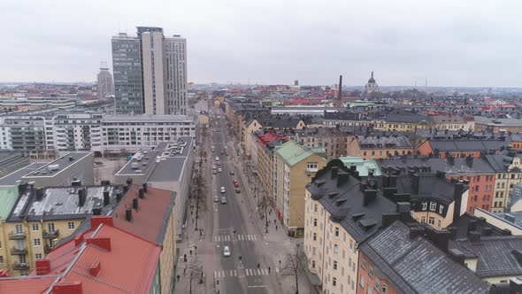 Flying Over City Street in Stockholm