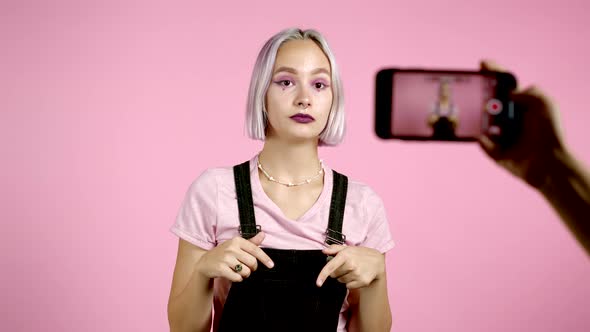 Smiling Fashion Blogger Hipster Woman Making Online New Video Blog, Vlog, with Her Smartphone on alt