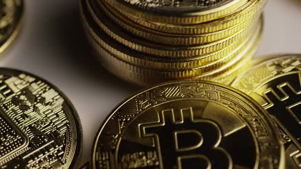 Rotating shot of Bitcoins (digital cryptocurrency) - BITCOIN 0432 alt