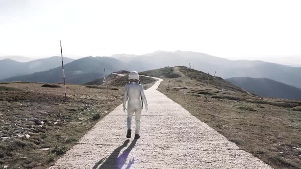 Spaceman walking on path in countryside
