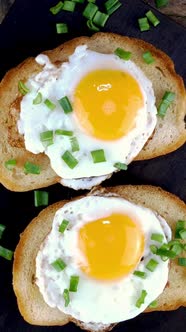 Fried Egg Sandwich with Yolk on Toasted Slice of Bread Sprinkled with Green Onions alt