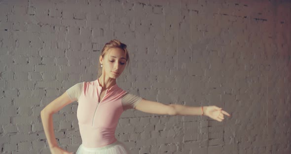 Beautiful Ballerina Rehearsing in the Hall. Ballet Movements of the Hands and Body. Portrait View alt