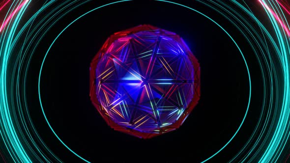 Vj Loop Animation Of The Rotation Of A Crystal Neon Ball Surrounded By Neon Rotating Rings 02