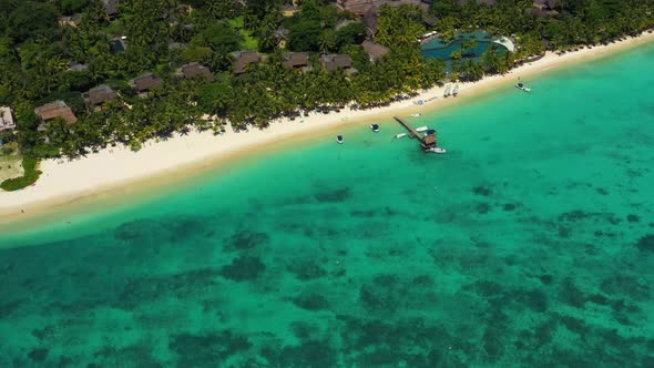 Flying on the Coast Line of the Ocean on the Drone. Amazing Trou aux Biches, Mauritius alt