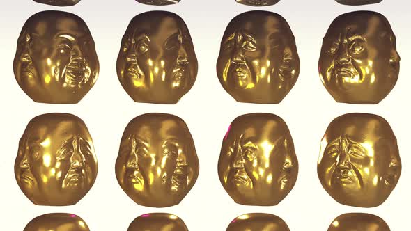 Golden figurines with four eccentric faces are spinning in the white background alt