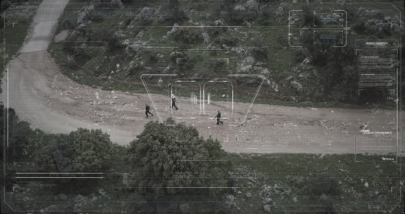 Surveillance drone camera view of terrorist squad walking with weapons alt