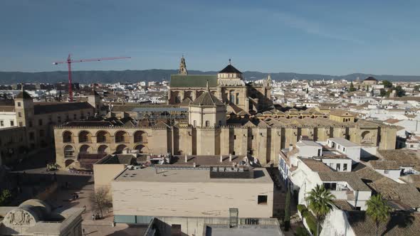 Top aerial view of architecturally distinctive Mosque-Cathedral of Cordoba