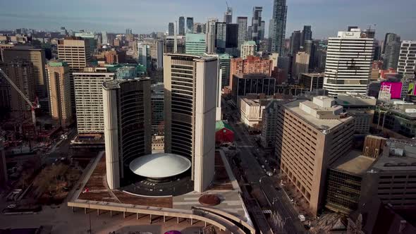 Aerial View of Toronto City Hall and Downtown Skyscrapers, Wide Dolly In alt