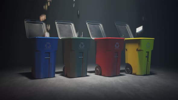 Timelapse with all kind of garbage approaching to colorful, plastic trash bins. alt