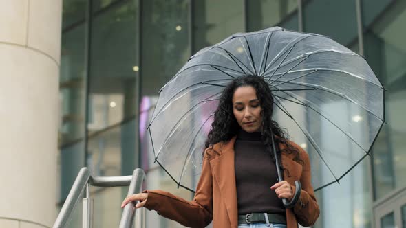 Beautiful Young Girl Business Woman Brunette Lady with Transparent Umbrella Walking Stairs Near alt