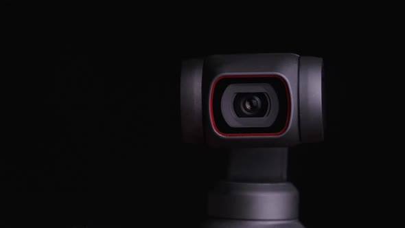 Mechanical Gimbal Camera Lens Rotates on Black Background Robotic Camera Macro alt