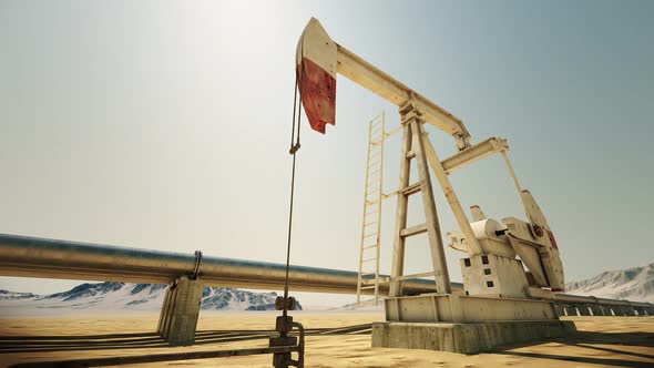 Animation of working oil pumping jack and oil pipeline in the back. Loopable. HD alt