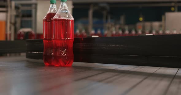 Packed bottle moving on conveyor belt alt