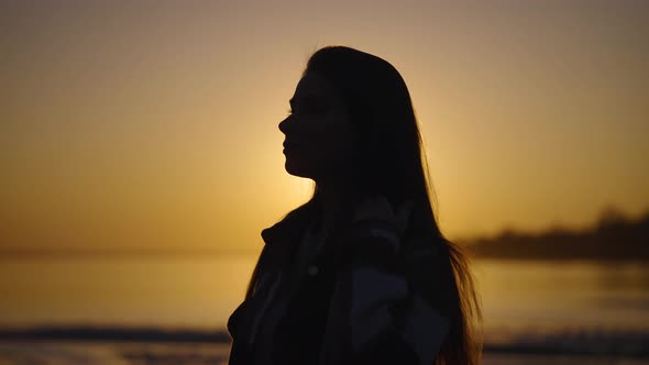Silhouette Portrait of a Young Woman at Sunset alt