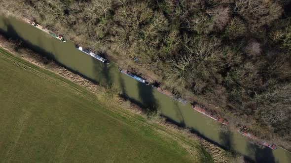 Narrow Boats Bird's Eye View Aerial Grand Union Canal In Winter Warwickshire alt