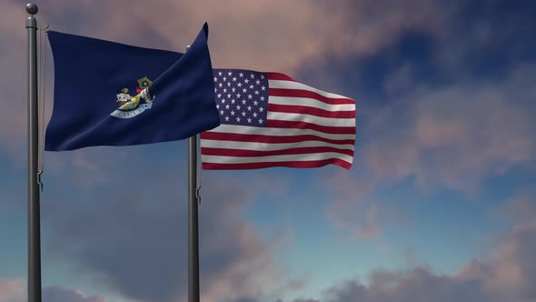 Maine State Flag Waving Along With The National Flag Of The USA - 4K alt