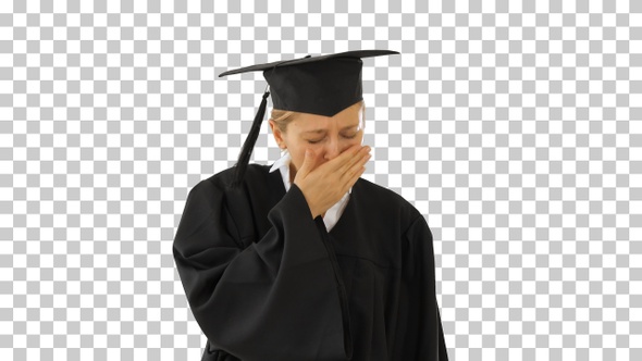 Blonde graduate student standing and coughing, Alpha Channel alt