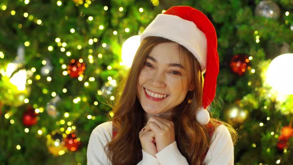 happy woman in santa cap with Christmas tree, x-mas celebrating