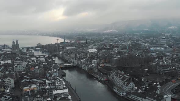 Aerial view over the city of Zurich in Switzerland, Lake, Fog Day