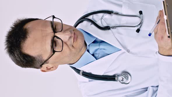 Vertical Shot Caucasian Doctor Takes Pen From His Breast Pocket and Takes Notes on the Tablet