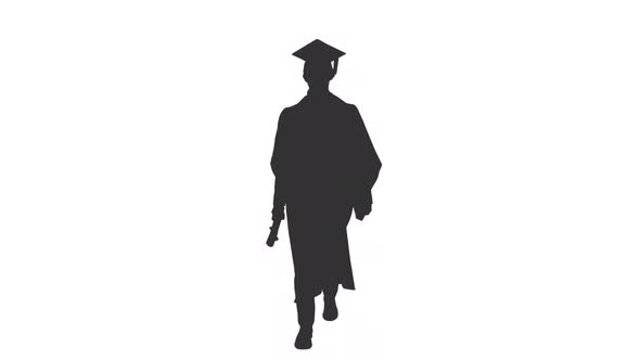Black And White Silhouette Of Graduating Student In Gown Walking