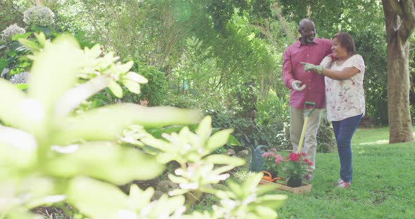 Animation of happy african american senior couple planting flowers in garden alt
