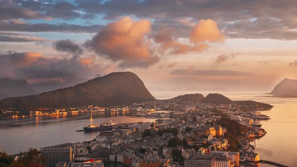 4K Alesund, Norway Amazing Timelapse Time Lapse Natural Bright Sunset Dramatic Sky In Warm Colours