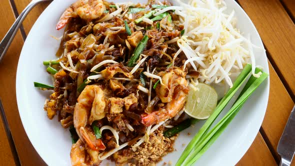 Top View of Pad Thai Noodle Traditional Dish of Fried Rice Noodles with Shrimp alt