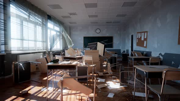 Demolished classroom with overturned desks and chairs. Damaged teaching class. alt